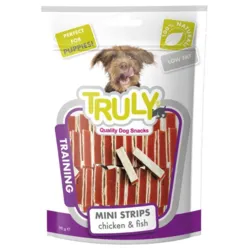 Truly Mini Strips Chicken & Fish træningsgodbidder til hunde – bløde og smagfulde mini strips med kylling og fisk, perfekte til hvalpe og daglig træning
