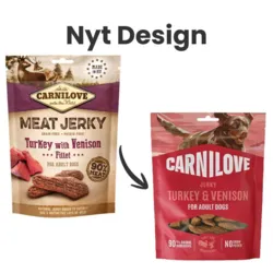 Carnilove Jerky Turkey with Venison hundegodbidder i nyt design sammenlignet med tidligere