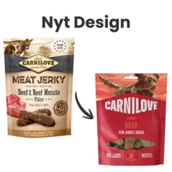 Carnilove Jerky Beef Fillet hundegodbidder i nyt design sammenlignet med tidligere emballage