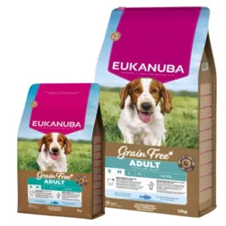 Eukanuba Grain Free Adult hundefoder med havfisk fås i flere størrelser. Kornfri opskrift til voksne hunde med fokus på sundhed