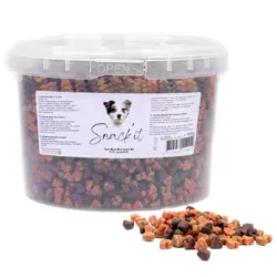 Snack'it Semi-Moist Mini Hearts Mix hundegodbidder i praktisk bøtte. Bløde træningsgodbidder i små hjerteformer – perfekte til belønning og aktivering af hunde i alle størrelser.