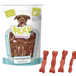 Truly Quality Dog Snacks Toothbrush Beef Flavor 90 g – funktionelle hundegodbidder i tandbørstedesign med oksekødssmag, perfekte som tyggevenlig snack