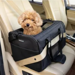 Lille hund i transporttaske fastspændt på bilsæde – komfortabel hundetransport til bilrejser