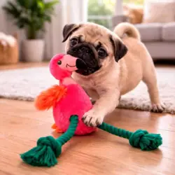Her en glad lille Mops med sin nye flamingo bamse