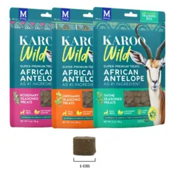 KAROO Wild Training Bites er små kornfrie træningsgodbidder på ca. 1 cm med antilopekød og krydderurter, udviklet med højt proteinindhold og fedtfattig opskrift baseret på magert kød uden kunstige farve- eller smagstoffer