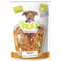 TRULY Dog Sushi 90g er dekorative hundegodbidder med laks, tun og rejer. Små sushi-inspirerede snacks perfekte som belønning eller snack til hunde