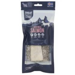 Treat Eaters Iceland Salmon Skin Rolls – lækre fiskegodbidder af lakseskind, velegnet som naturlig snack til hunde.