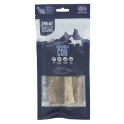 Treat Eaters Iceland Cod Skin Rolls – sprøde ruller af torskeskind til hunde, lavet med fisk fra Island.