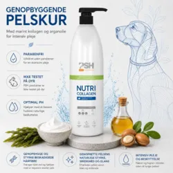 PSH Pro Groomers Nutri Collagen er en genopbyggende pelskur med kollagen og arganolie, der plejer, fugter og styrker hundens pels.