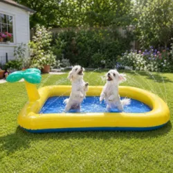 To små hvide hunde leger i Active Canis Pet Splash Pool i en solrig have, mens tynde vandstråler sprøjter ind fra siderne og giver sjov afkøling på varme dage