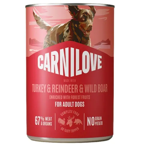 Carnilove Dog Can Paté med kalkun, rensdyr og vildsvin i 400g dåse set forfra