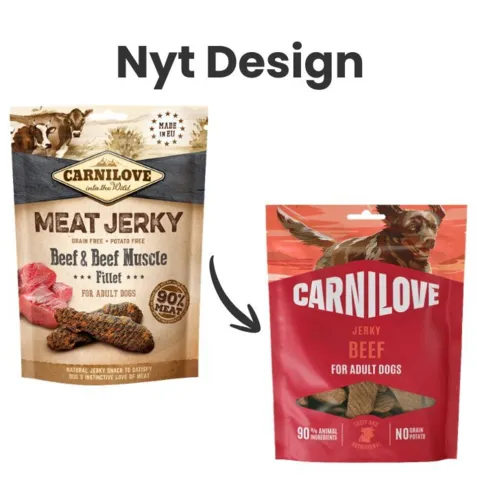 Carnilove Jerky Beef Fillet hundegodbidder i nyt design sammenlignet med tidligere emballage