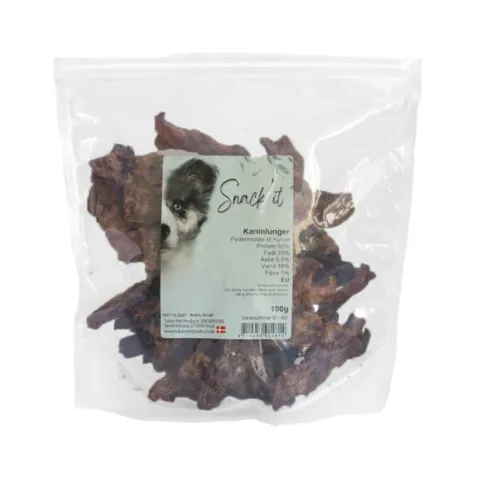Snack’it Kaninlunger hundegodbid i 100 g pose med naturlige tørrede kaninlunger til hunde.