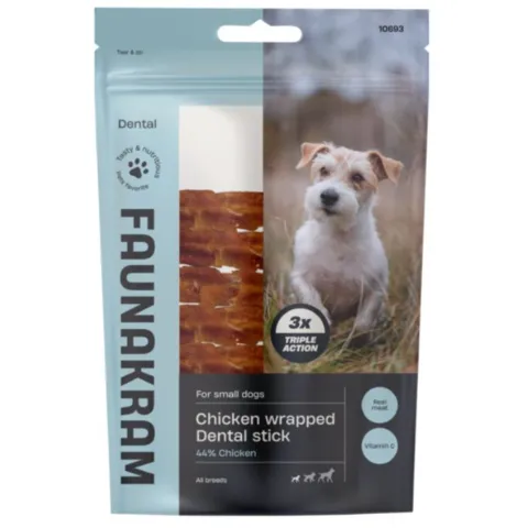 Faunakram Dental Stick med kylling til små hunde – velsmagende tyggestænger med 44% kylling og praktisk snack til daglig forkælelse