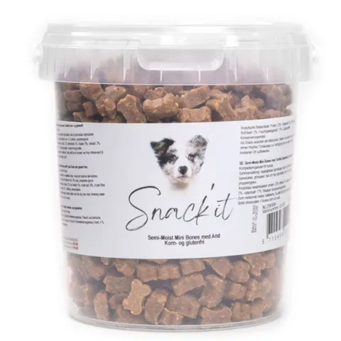 Snack'it Semi-Moist Mini Bones med and er små bløde hundegodbidder til træning og belønning. Korn- og glutenfri