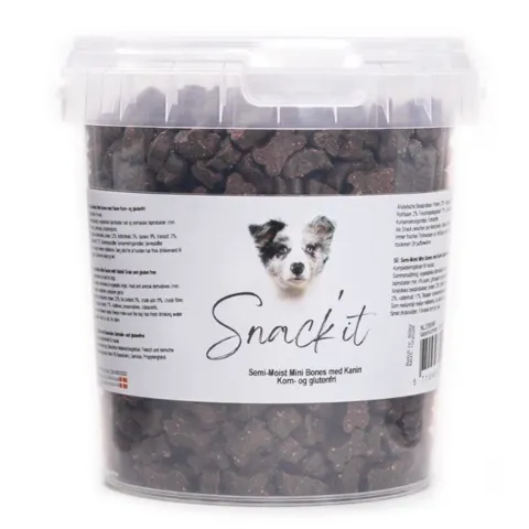 Snack'it Semi-Moist Mini Bones med kanin er små bløde hundegodbidder til træning og belønning. Korn- og glutenfri.