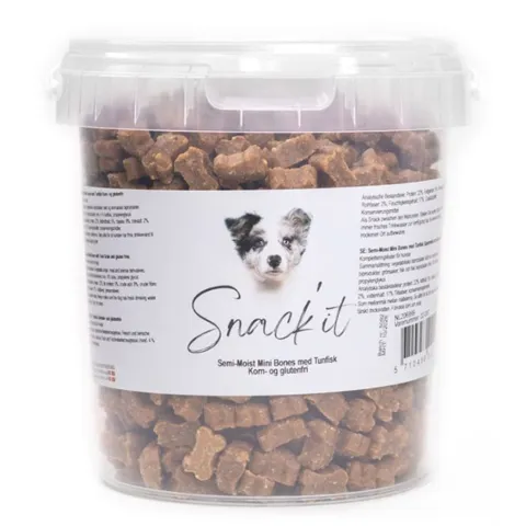 Snack'it Semi-Moist Mini Bones med tunfisk er bløde, korn- og glutenfri træningsgodbidder til hunde. Perfekte til belønning og træning.