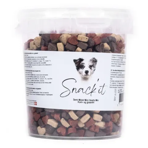 Snack'it Mini Hearts Mix er bløde hundegodbidder i små hjerteformer og flere smagsvarianter. Korn- og glutenfri snacks.