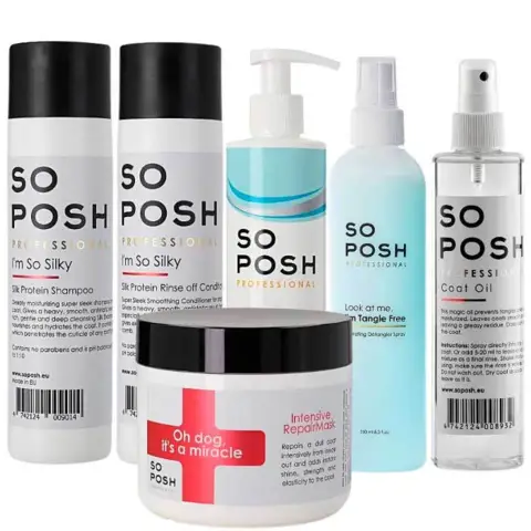 Professionel shampoosæt fra So Posh til hunde med silkepels
