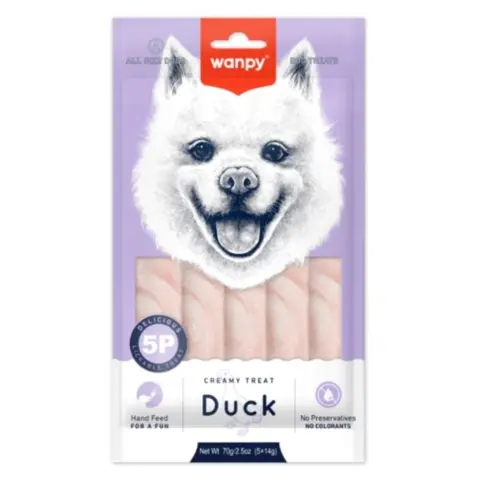 Wanpy Dog Creamy Lickable Duck | 70g er et foder tilskud der kan anvendes til hunde fra 2 måneders alderen
