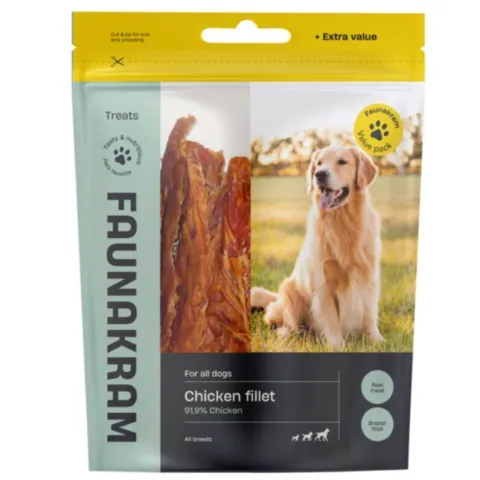 Faunakram Chicken Fillet hundegodbidder med 91,9% kylling i praktisk value pack. Smagfulde og proteinrige snacks til hunde i alle størrelser.