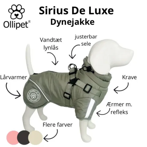 Ollipet Sirius de Luxe Dynejakke med refleks og sele INFO Obs: Den fås kun i sand men funktionerne vises her på en anden farve