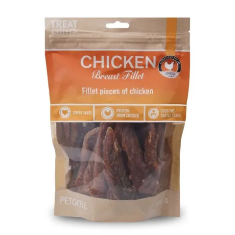 Lækre tyggesnacks fremstillet af kyllingebryst, med et højt proteinindhold