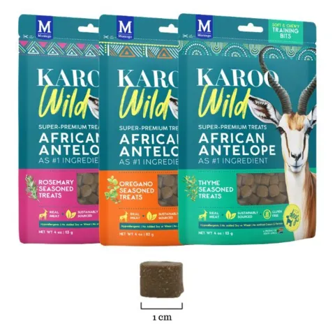 KAROO Wild Training Bites er små kornfrie træningsgodbidder på ca. 1 cm med antilopekød og krydderurter, udviklet med højt proteinindhold og fedtfattig opskrift baseret på magert kød uden kunstige farve- eller smagstoffer