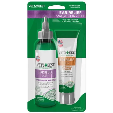 Vets Best ørerens og tørresæt, 2-trins ørerens til hund med aloe vera og tea tree-olie