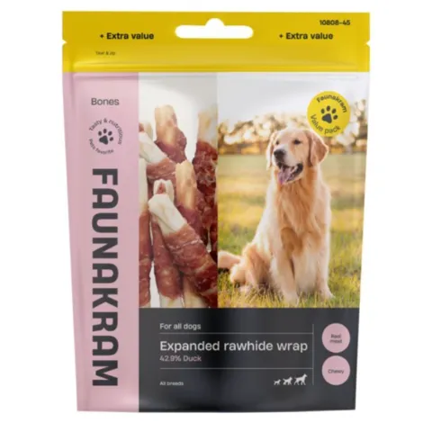 Faunakram expanded rawhide wrap 300g i pose med råhudspinde og andewrap