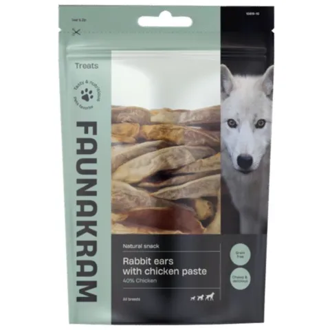 Faunakram kaninører med kylling 500g i pose naturlig og lækker hundesnack