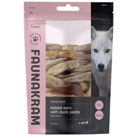 Faunakram kaninører med and 500g naturlig hundesnack med synlig fyld