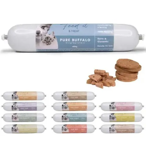 Singleprotein bøffel foderpølse skåret i skiver og tern til hundegodbidder