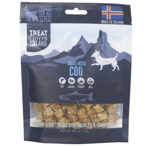Treat Eaters Iceland Small Bites Cod – lækre små fiskegodbidder med torsk, velegnet til både træning og hygge.