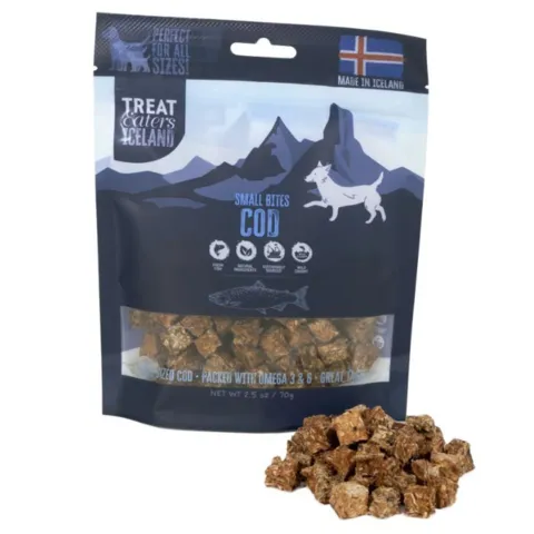 Treat Eaters Iceland Small Bites Cod – små og velsmagende torskebidder til hunde, perfekte som snack eller belønning.
Billede 2 – torskebidder uden pose	smaa-torskebidder-til-hund.jpg	Små torskebidder til hunde – naturlige fiskegodbidder med god smag og praktisk størrelse til træning.
Billede 3 – pose	treat-eaters-iceland-small-bites-cod.jpg	Treat Eaters Iceland Small Bites Cod – lækre små fiskegodbidder med torsk, velegnet til både træning og hygge.