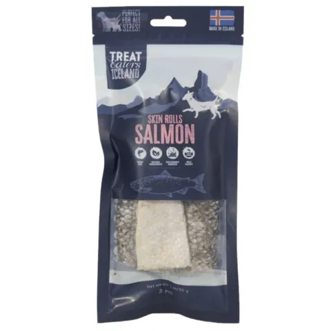 Treat Eaters Iceland Salmon Skin Rolls – lækre fiskegodbidder af lakseskind, velegnet som naturlig snack til hunde.