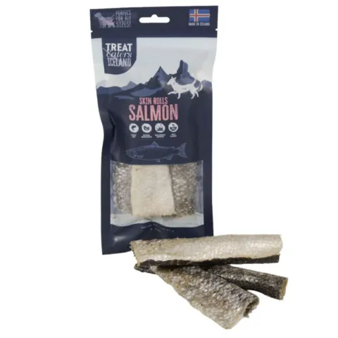 Treat Eaters Iceland Salmon Skin Rolls – sprøde lakseruller til hunde, lavet af naturligt fiskeskind fra Island.