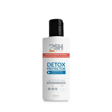 PSH Detox Protector Shampoo 100 ml er en professionel hundeshampoo med moringaekstrakt til skånsom rengøring af pelsen. Velegnet til alle pelstyper.