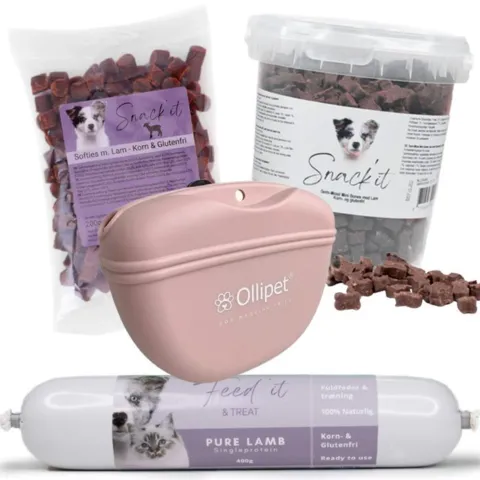 Pakketilbud Favorit Træningsgodbidder Lam med Feed'it Treat, Softies, Semi-Moist Mini Bones og Ollipet godbidstaske.