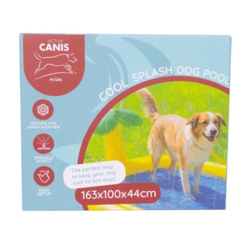 Emballage til Active Canis Pet Splash Pool, et oppusteligt hundebassin med sprinkler-effekt, der hjælper med at holde hunden kølig i varmt vejr.