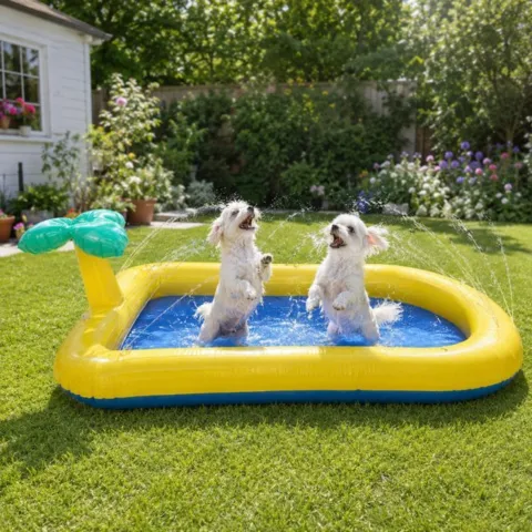 To små hvide hunde leger i Active Canis Pet Splash Pool i en solrig have, mens tynde vandstråler sprøjter ind fra siderne og giver sjov afkøling på varme dage