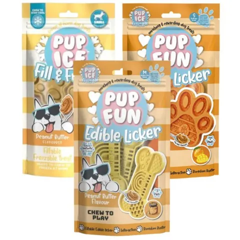 Pup Ice og Pup Fun pakketilbud med frysbare hundeis og spiselige slikkeplader i peanut og mango.