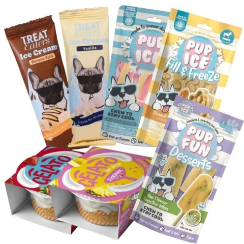 Frysbare hundeis mix fra Pup Ice, Pup Fun, FidoVet og Treateaters til kølende sommerforkælelse.